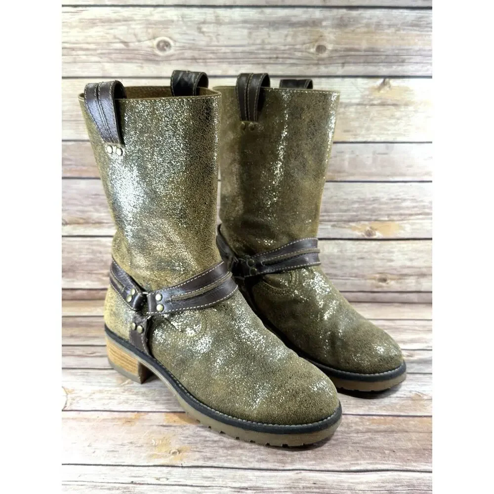 Sbicca Womens Distressed Metallic Gold & Brown Leather Ozark Moto Boots 9
