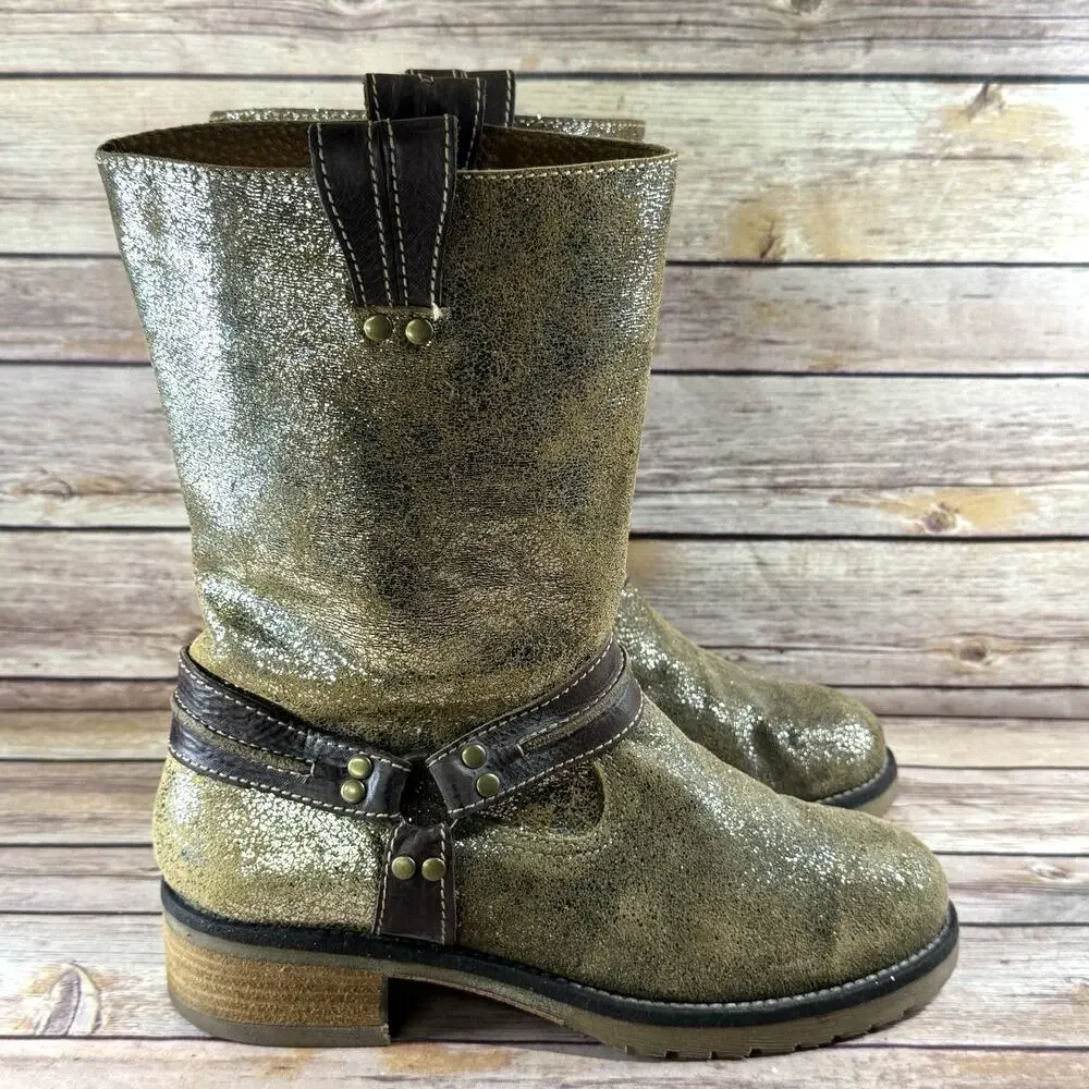 Sbicca Womens Distressed Metallic Gold & Brown Leather Ozark Moto Boots 9