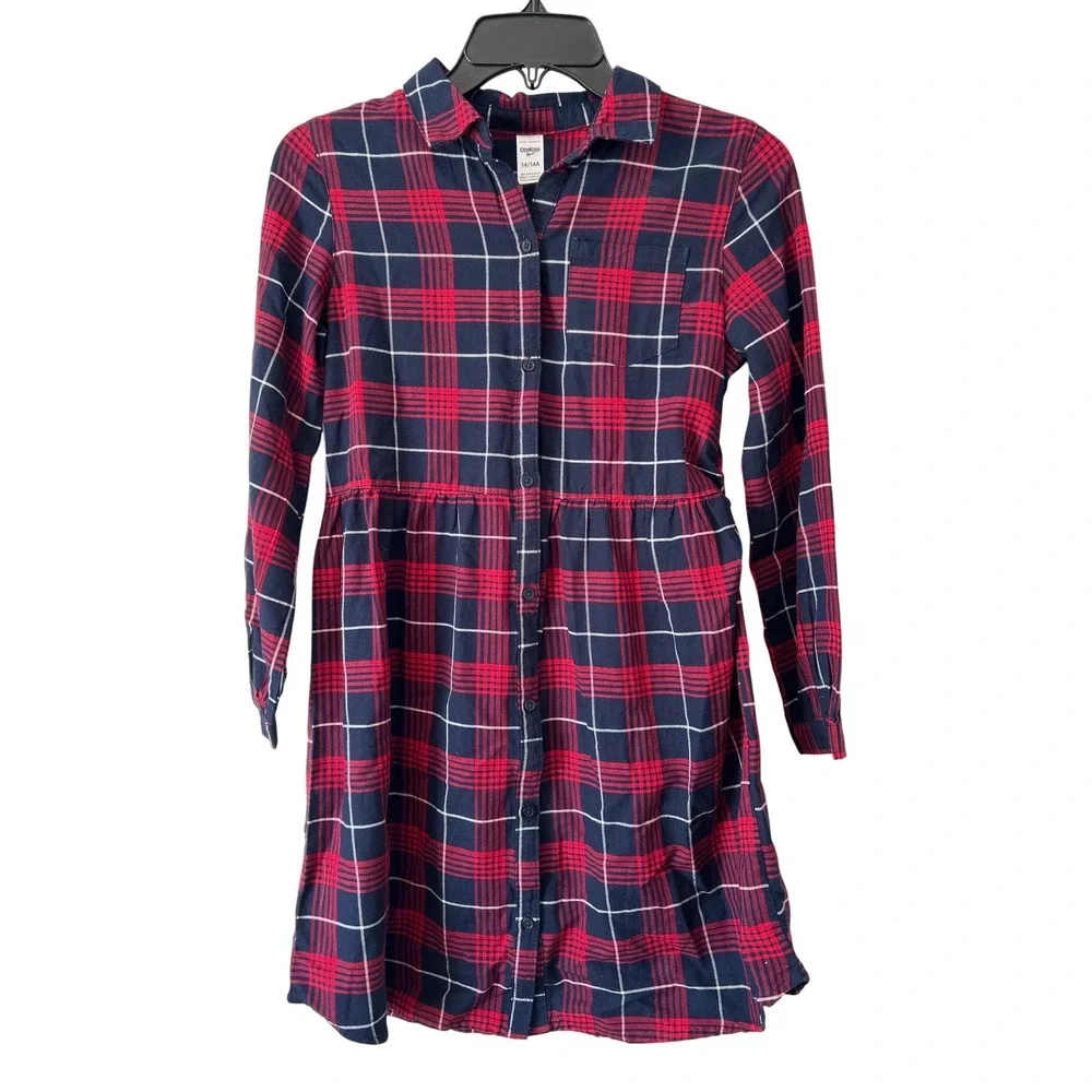 OshKosh Bgosh Girls Red Navy Plaid Button Down Shirt Dress Size‎ 14 14A Long Slv