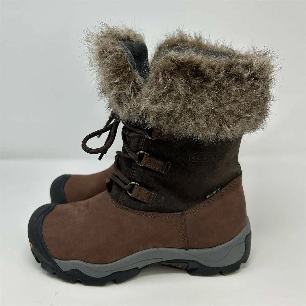 KEEN Helena Waterproof Winter Snow Boots Brown Faux Fur Cuff Lace Up Size 7.5