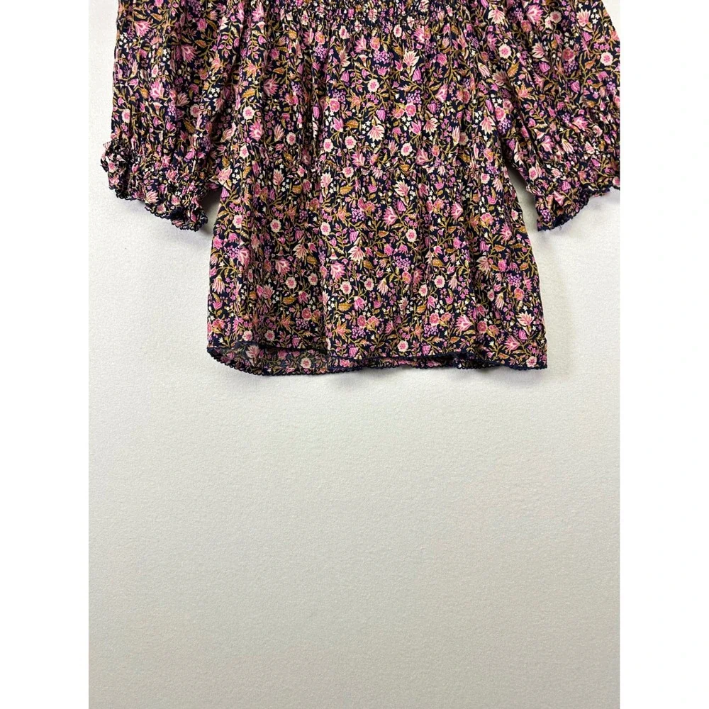 Old Navy Smocked‎ Puff Sleeve Top Womens S Petite Navy Pink Floral Ruffle Blouse