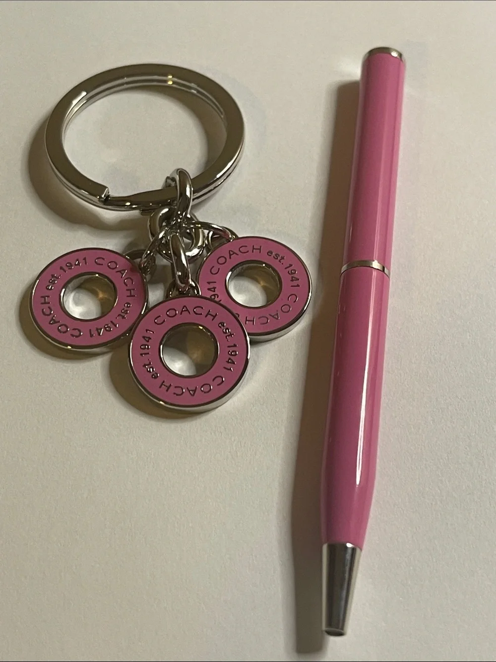 Coach Pink Enamel Triple Disc Keyring Charm and Coach Pen