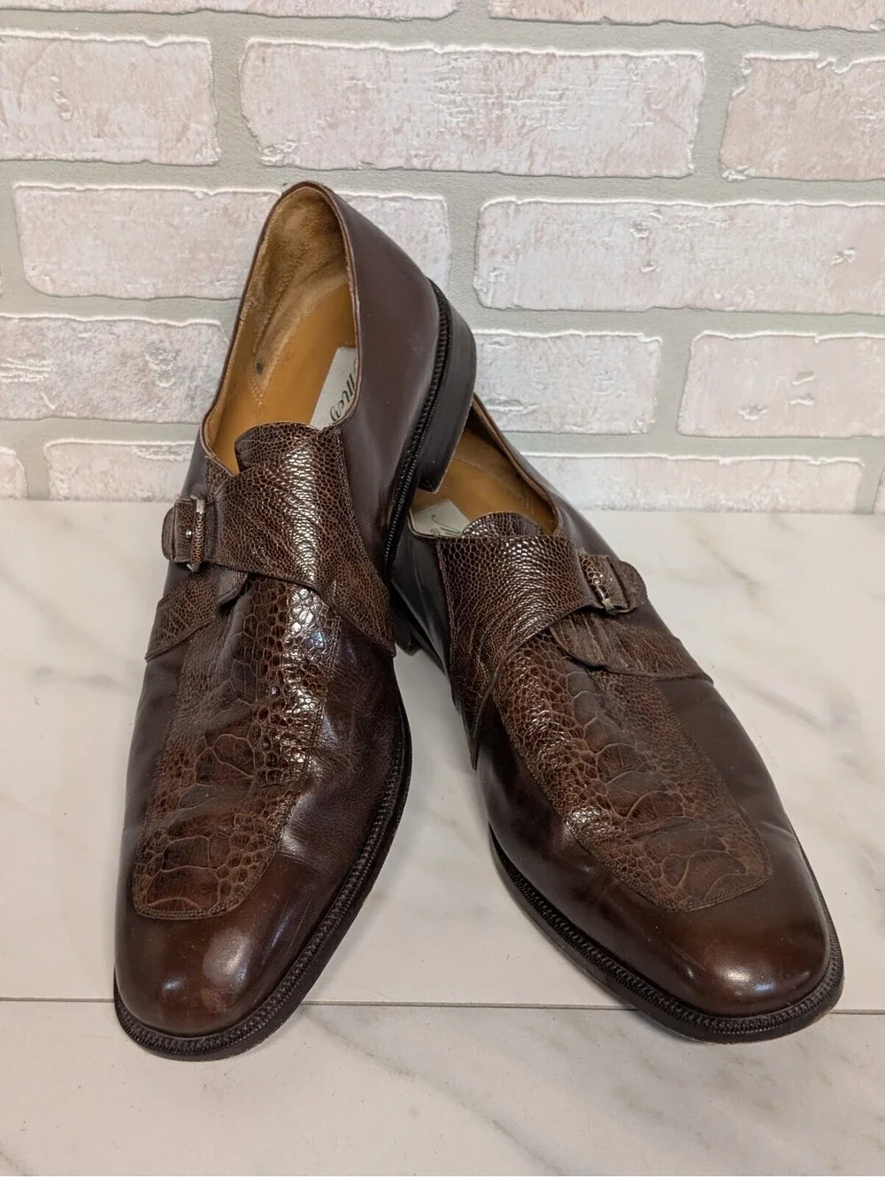 Mezlan Men's Brown Ostrich Leather Monk Strap Dress Shoes Size 16M