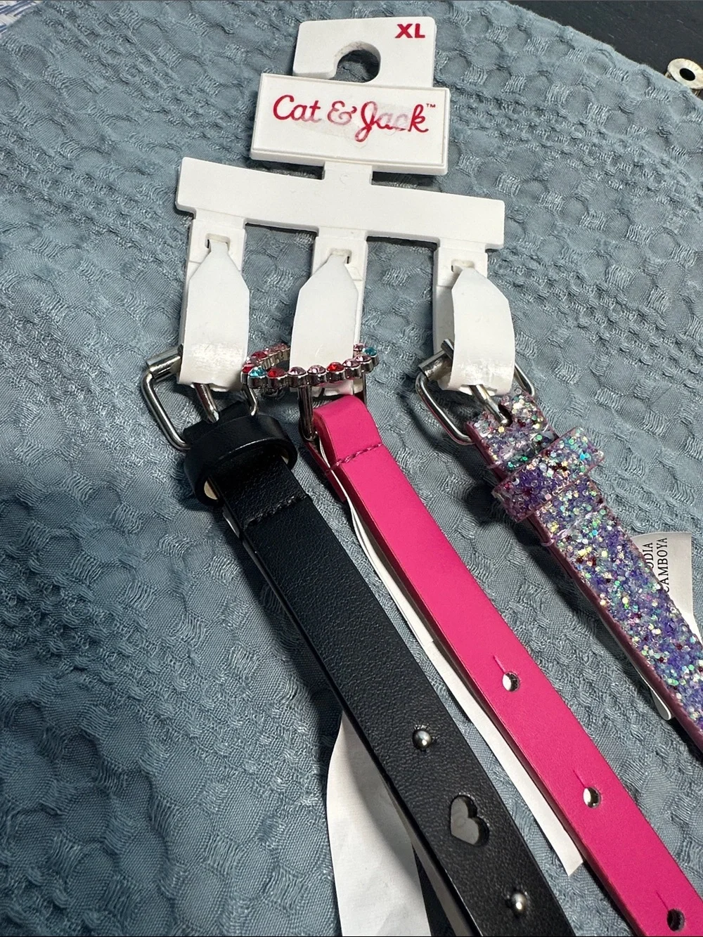 Cat & Jack Girls 3-Pack Belts — Black, Hot Pink & Glitter Purple Sz XL NWT