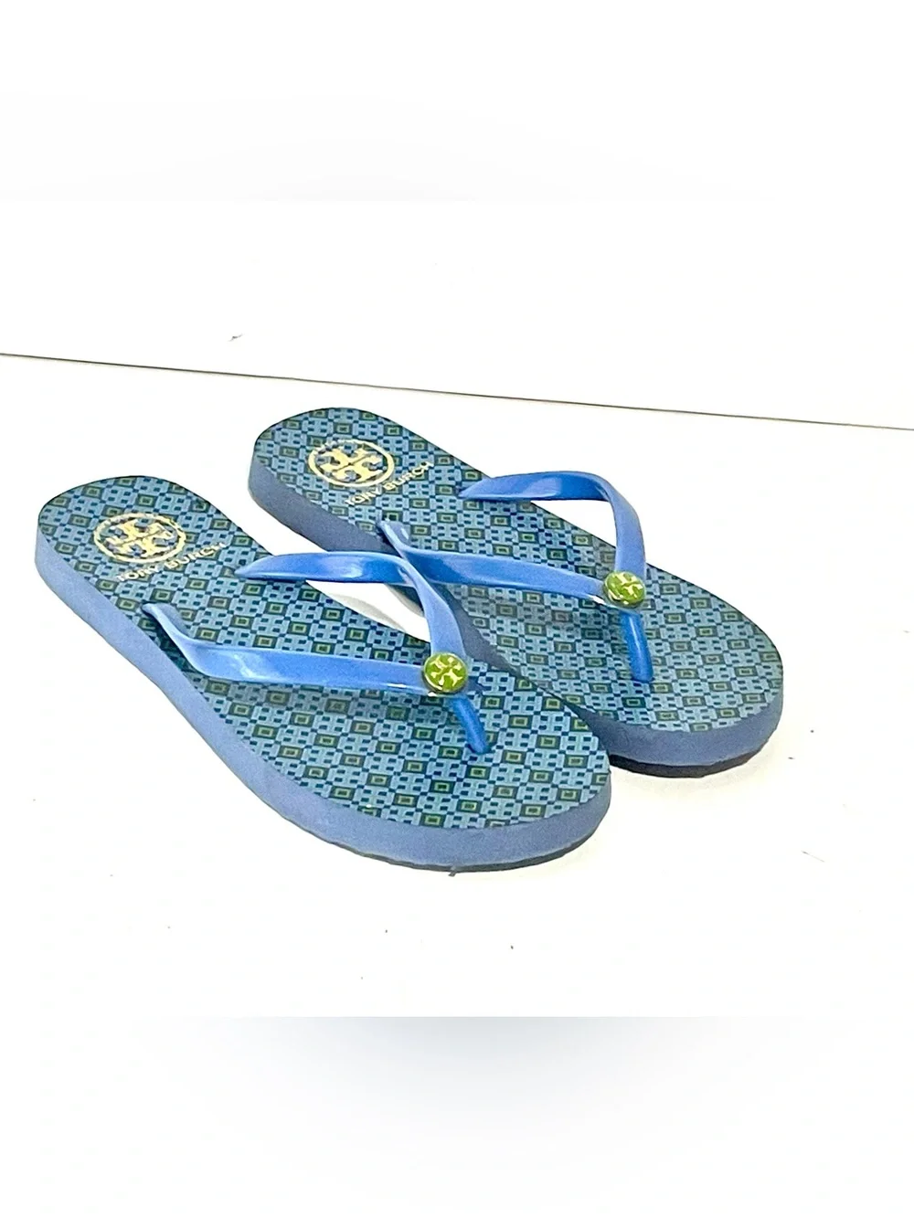 Tory Burch Blue Patterned Thong Sandals with Green Logo Accents Size 6