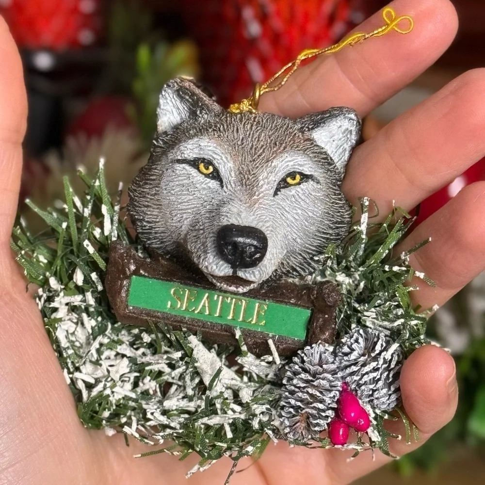 Wolf Christmas Ornament with Seattle Sign Made in USA Artisans