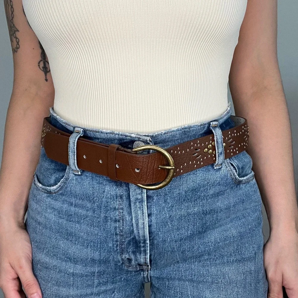 Amiee Lynn Brown Leather Studded Laser Cut‎ Belt Brass Buckle ML