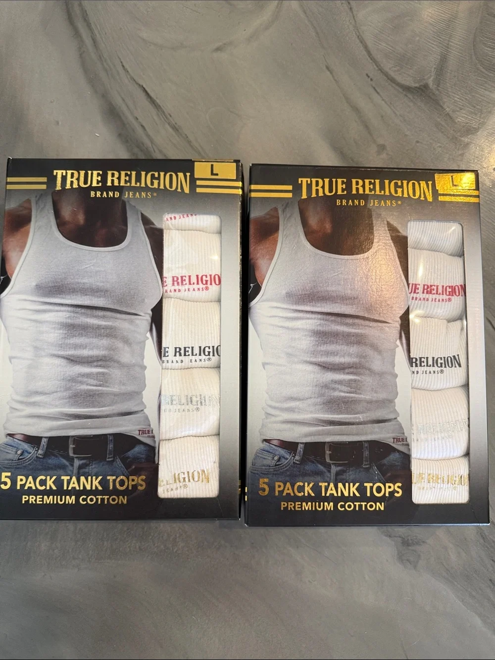 New in Box True Religion Men’s White Tank Tops 5-Packs 2 boxes size L