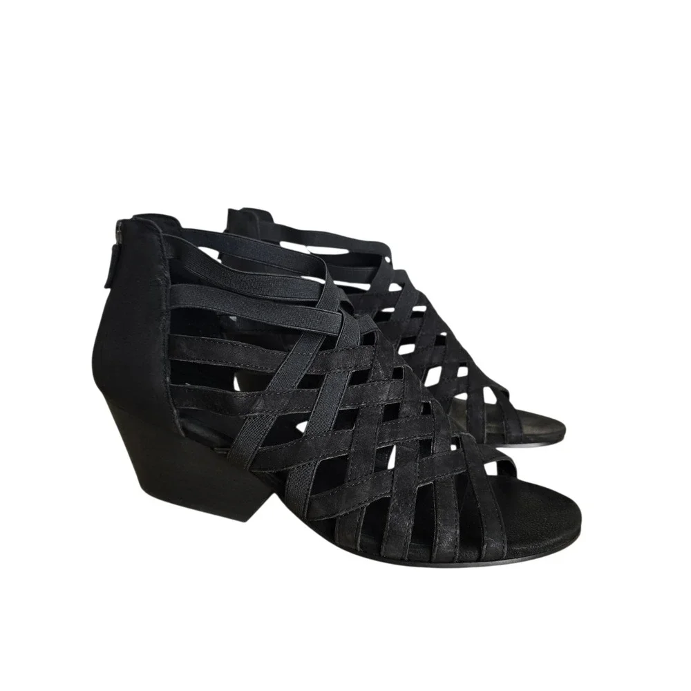 Eileen Fisher Black Leather Elastic Strappy Cage Wedge Sandals Womens 10