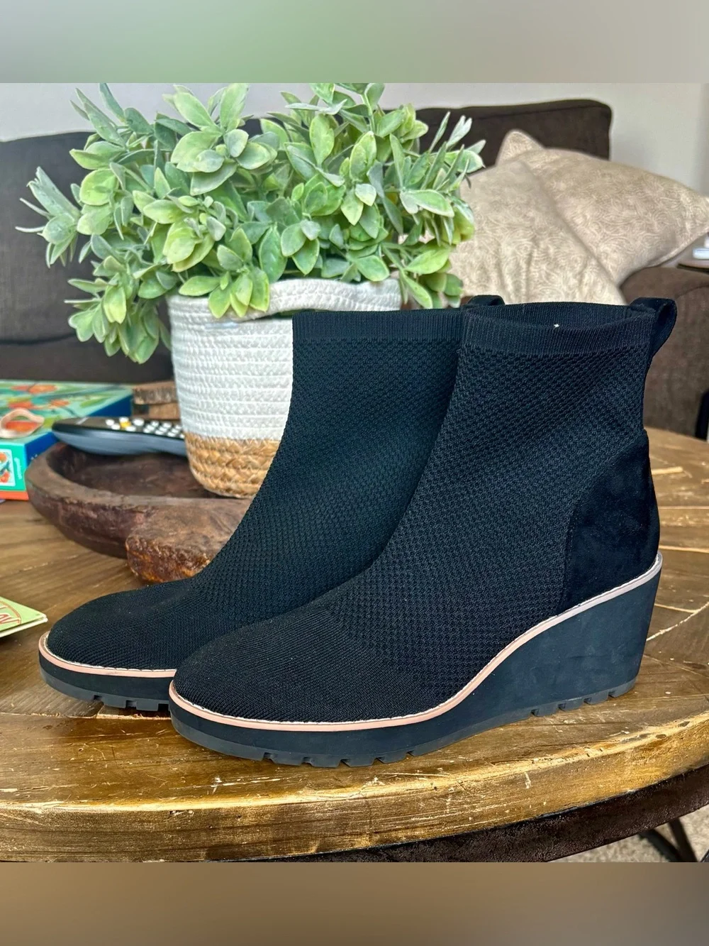 Anne Klein Black Knit Wedge Ankle Boots with Trim. Size 8