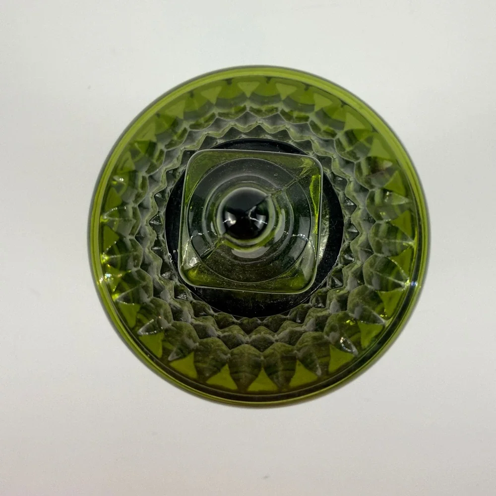 Indiana Glass Diamond Point Avocado Green Apothecary Jar Covered Pedestal