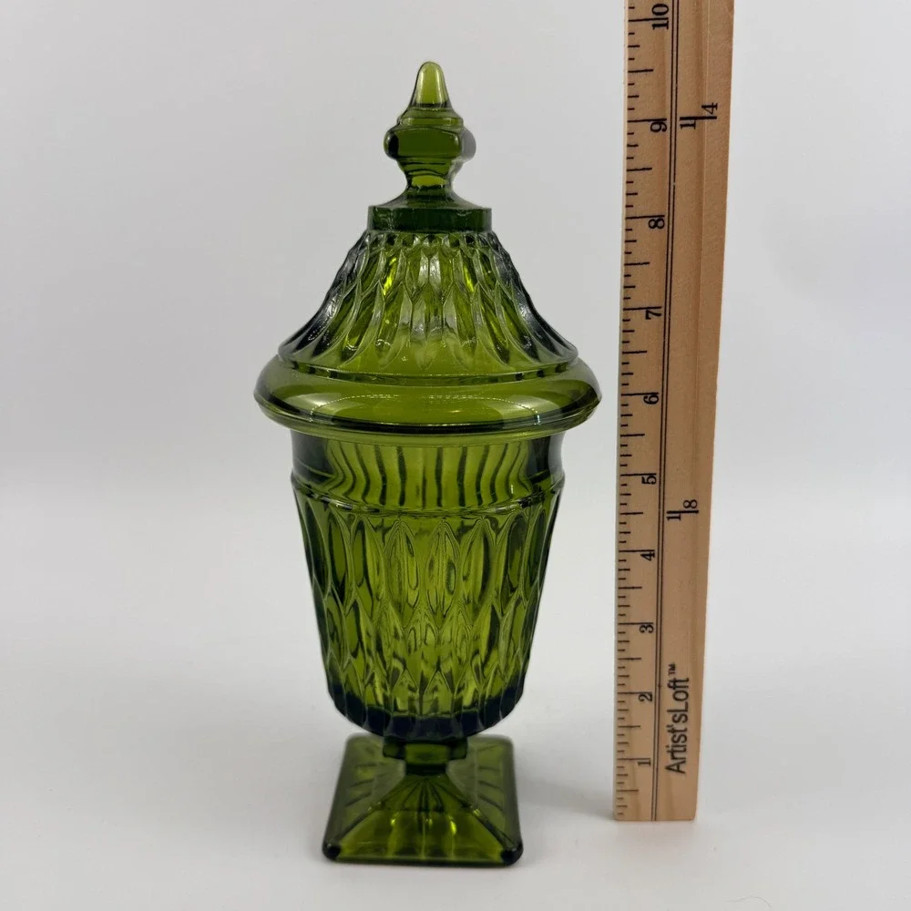 Indiana Glass Diamond Point Avocado Green Apothecary Jar Covered Pedestal