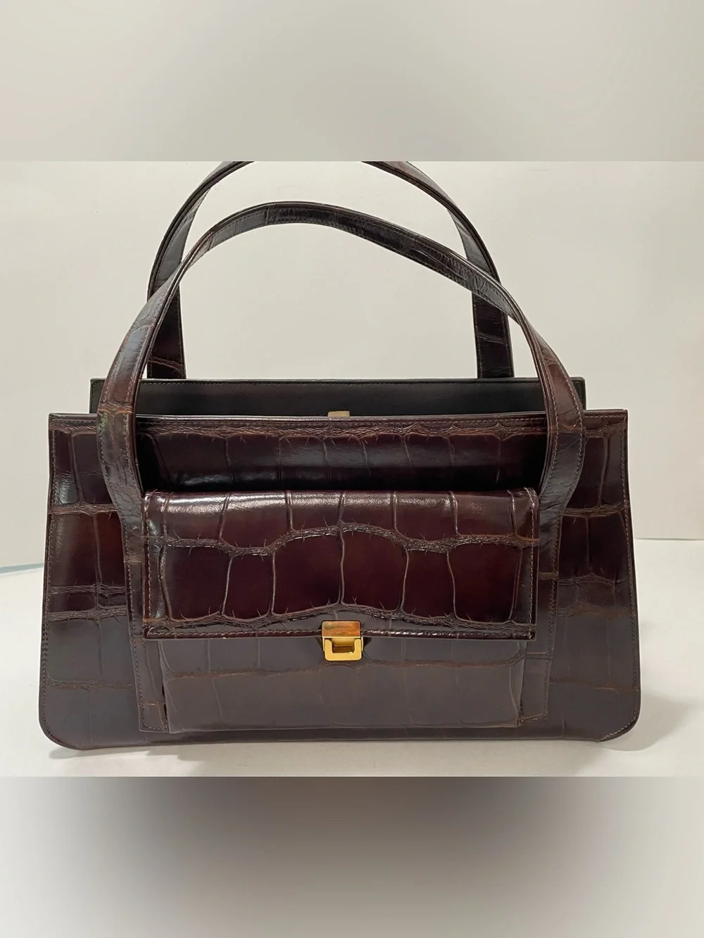Vintage 1950s Faux Alligator Embossed Structured Top Handle Handbag Brown