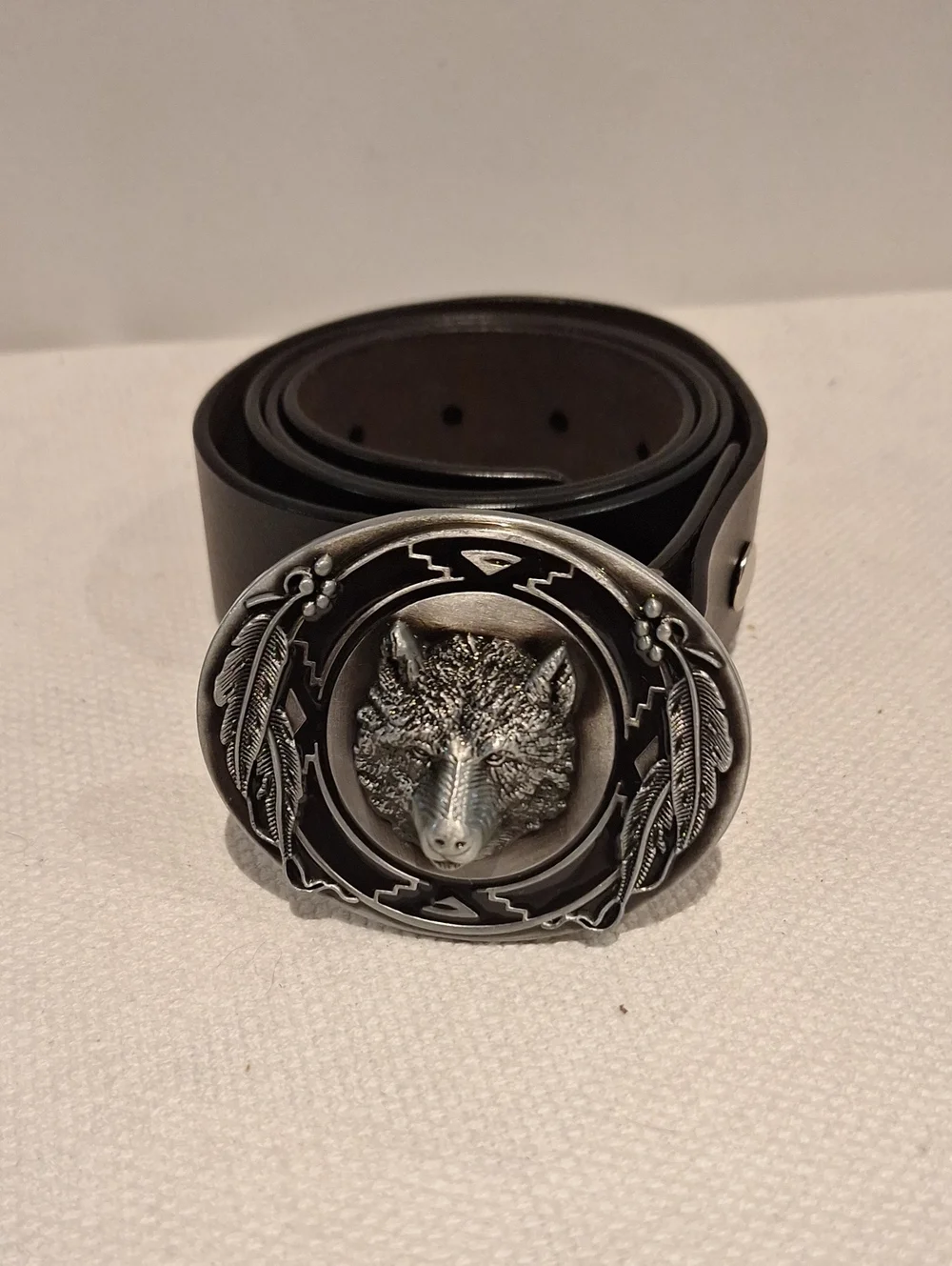 H Jones Wolf Head Western  Belt with Feather Buckle - Black