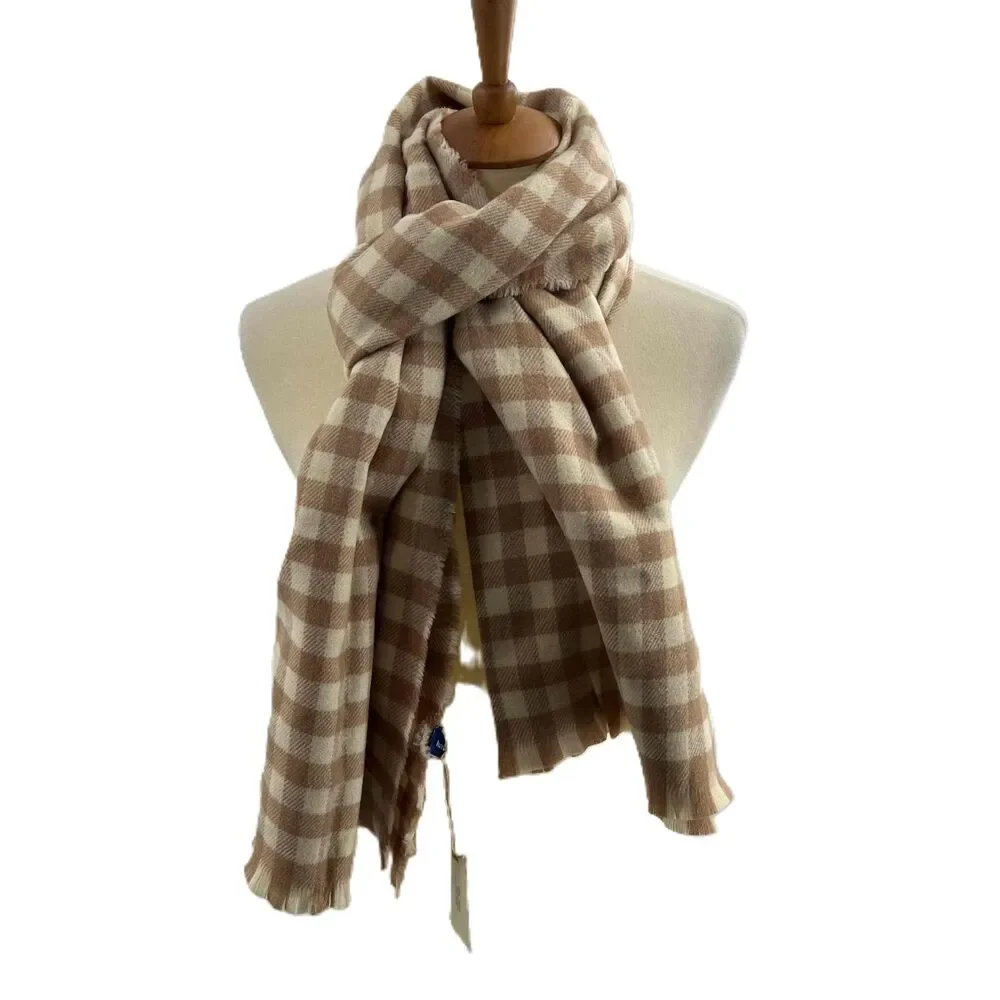 Hat Attack Blanket Scarf Oversized Beige Tan Checkered Fringed Scarf New‎