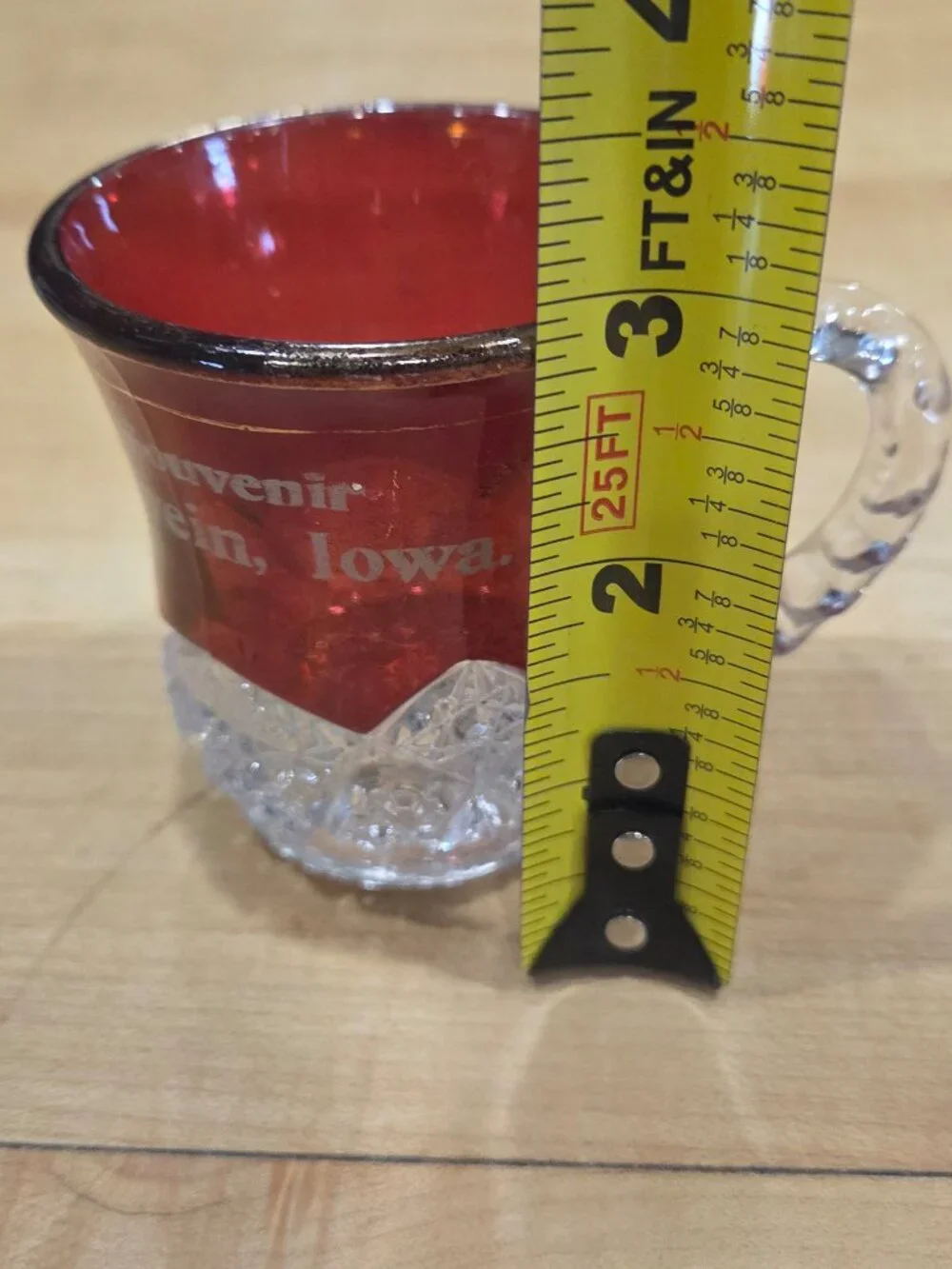 Antique EAPG Indiana Glass Ruby Stained Souvenir Mug Oelwein Iowa