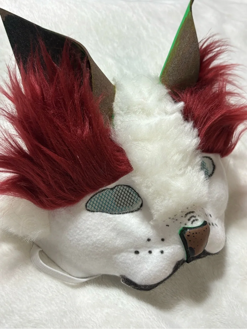 White Faux Fur Therian Animal Costume Mask with Red and Brown Accents