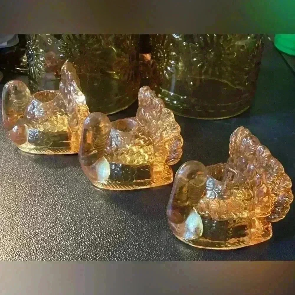 williams sonoma SET OF 3 AMBER GLASS TURKEY small taper holders 2