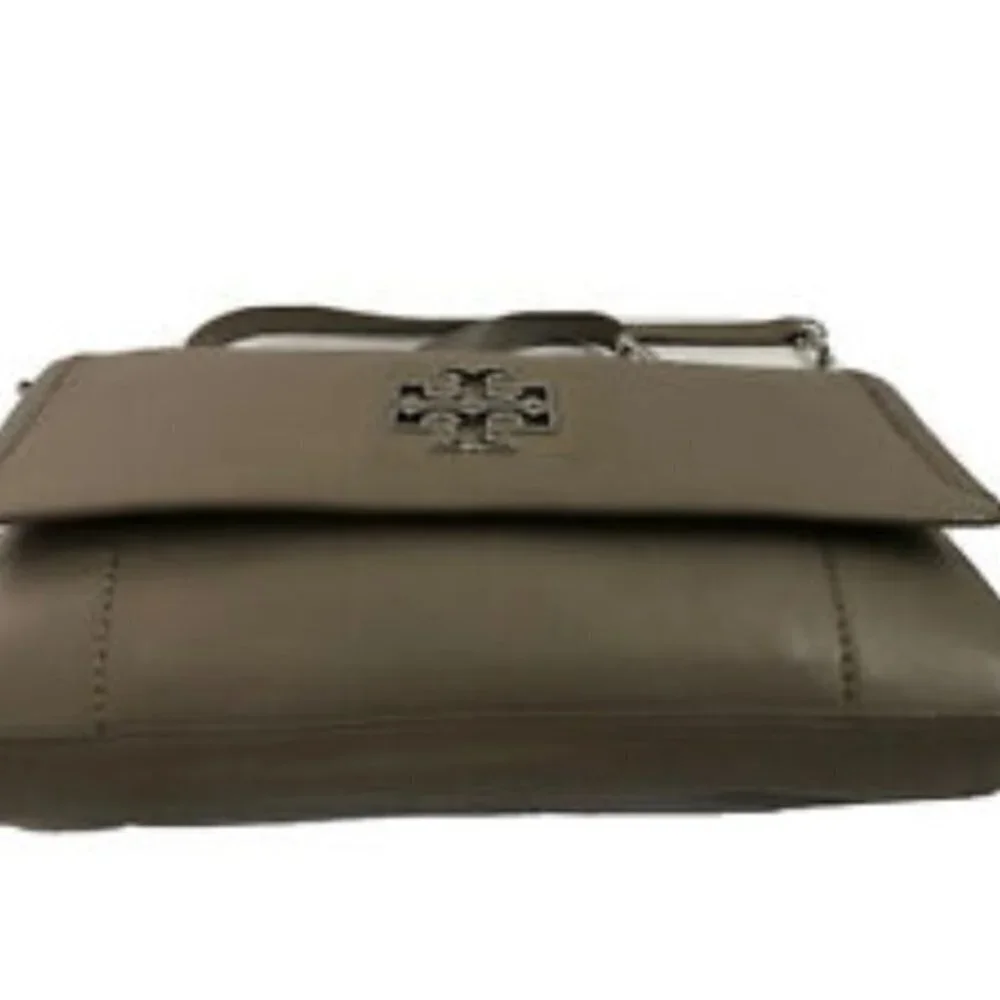 Tory Burch Satchel Handbag Taupe Leather ShoulderBag Purse Tote  Silver hardware