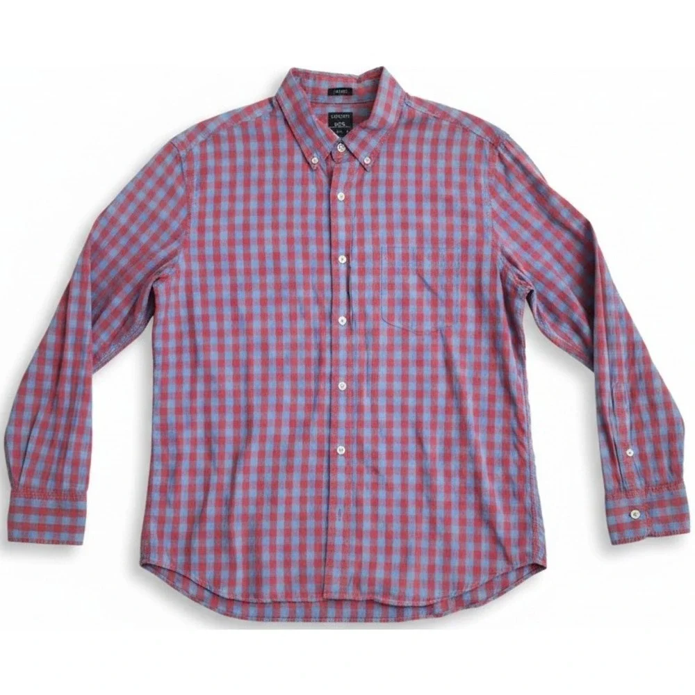 J.Crew Mens XL Flex Washed Slim‎ Untucked Plaid Button Down Shirt Red Blue