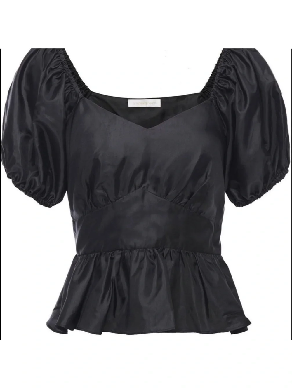LoveShackFancy Delta Soft Taffeta Puff Sleeve Peplum Top in Black Size 6