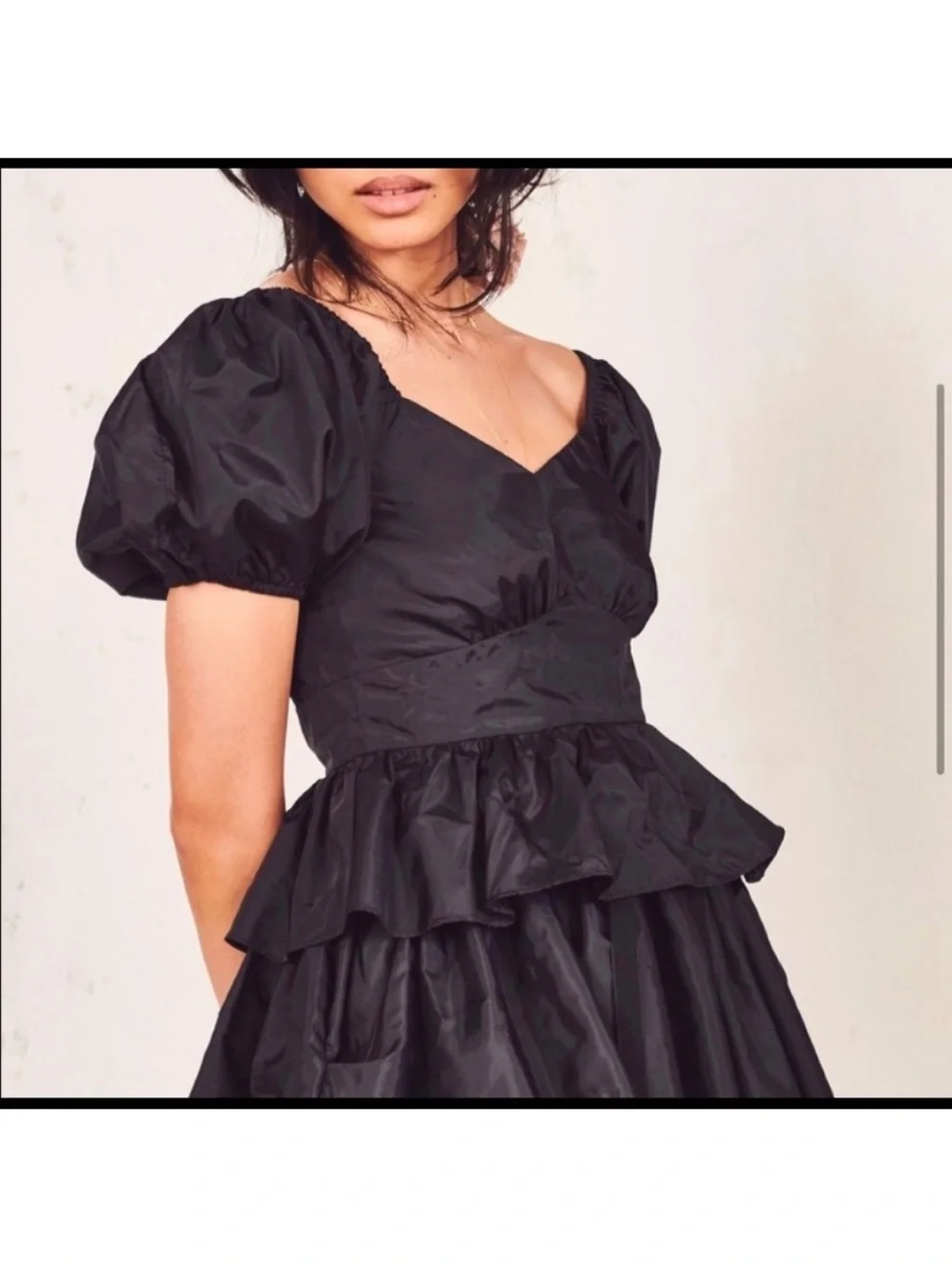 LoveShackFancy Delta Soft Taffeta Puff Sleeve Peplum Top in Black Size 6