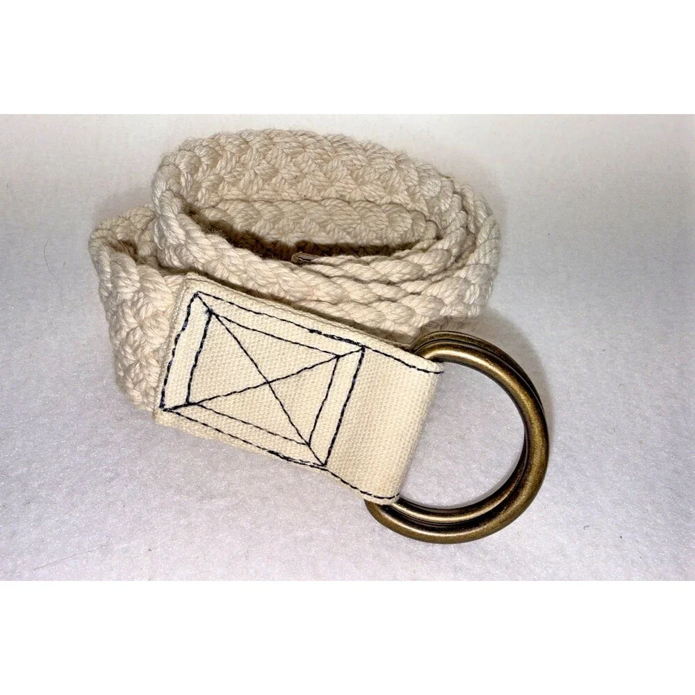 L.L.Bean Cotton D Ring Belt Cream Woven Canvas Brass Tone Size Large USA Style
