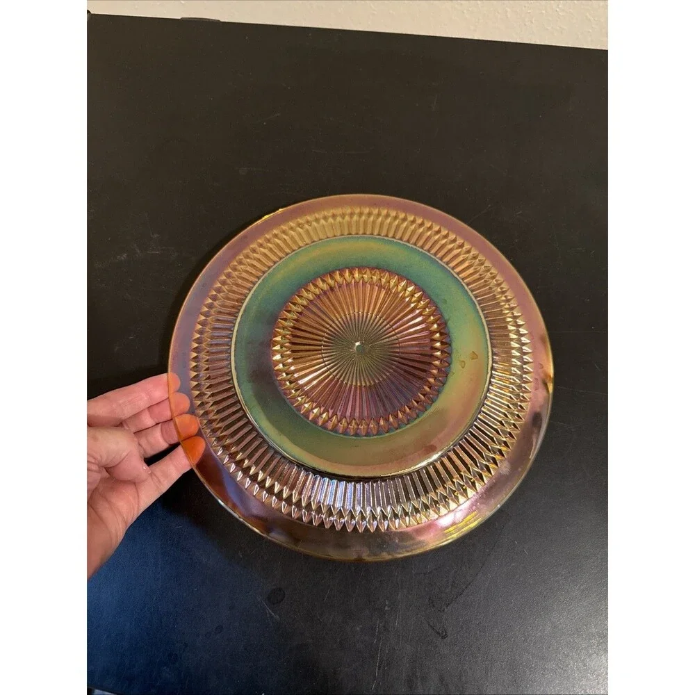 Anniversary Pattern Marigold Carnival Glass 10” Plate By Jeanette C1930-60’s