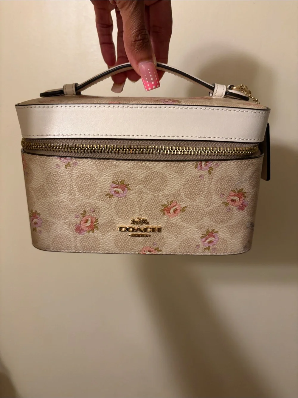 COACH Cream Floral Signature Vanity Case with Pink Roses