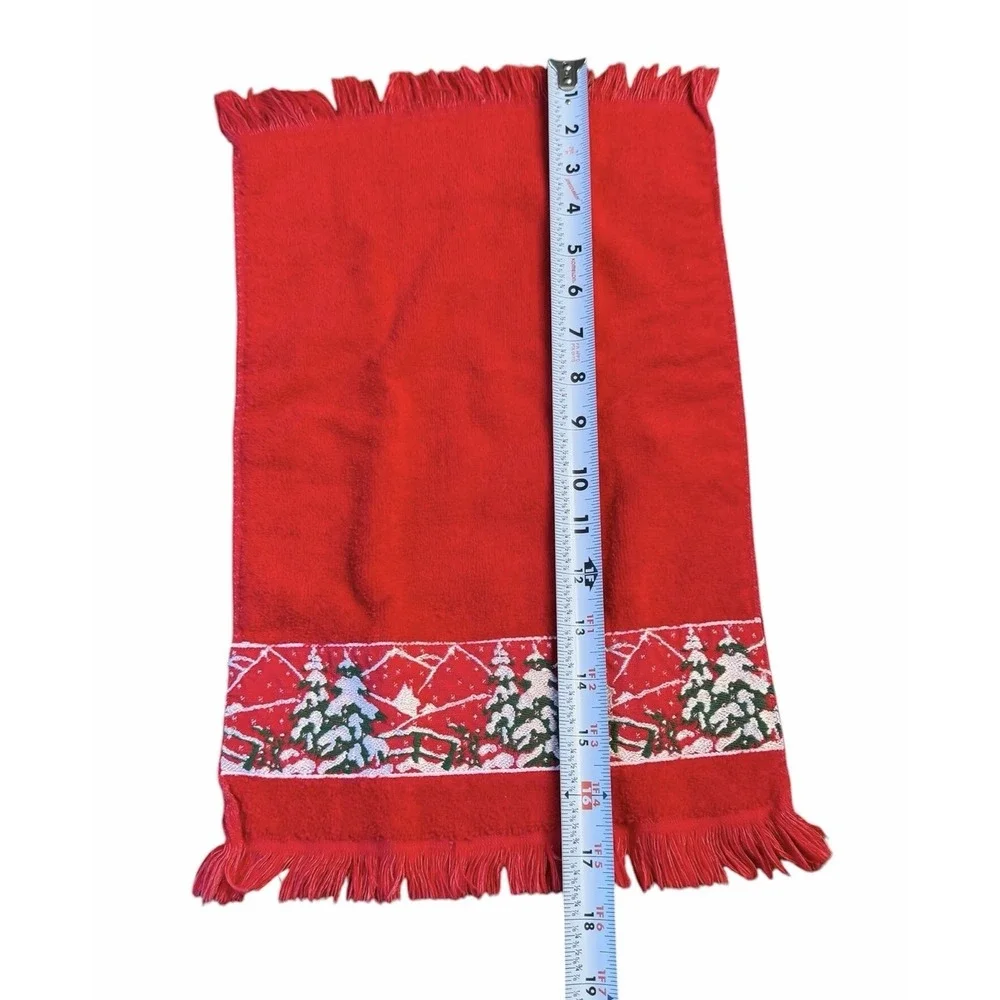 Vintage Red Christmas Hand Towel Snowy Winter Trees Fringe Guest Bathroom Decor