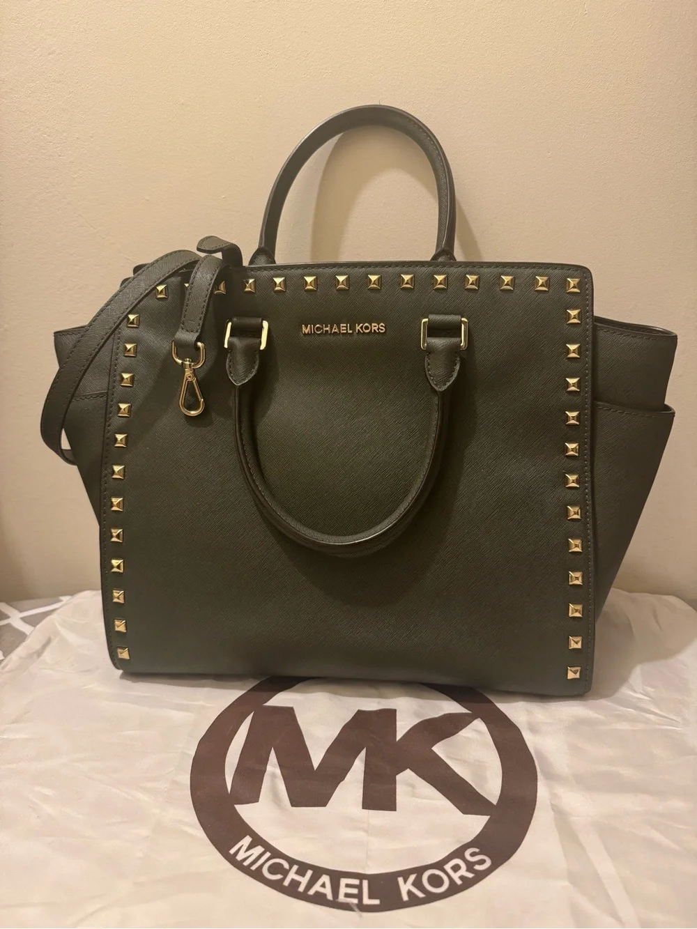 PRE-LOVED Michael Kors Olive Green Large Saffiano Leather Stud Satchel