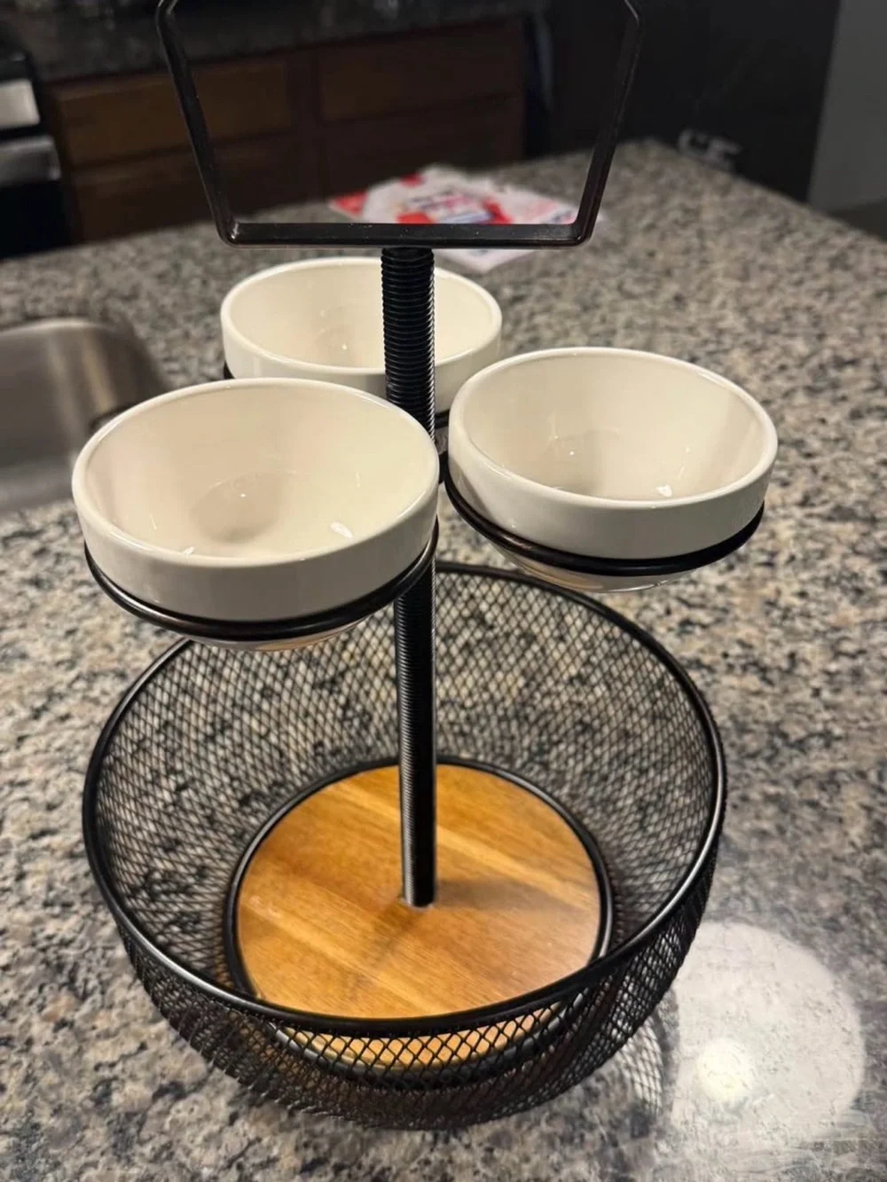 Two-Tier Snack & Dip Server with White Ceramic Bowls