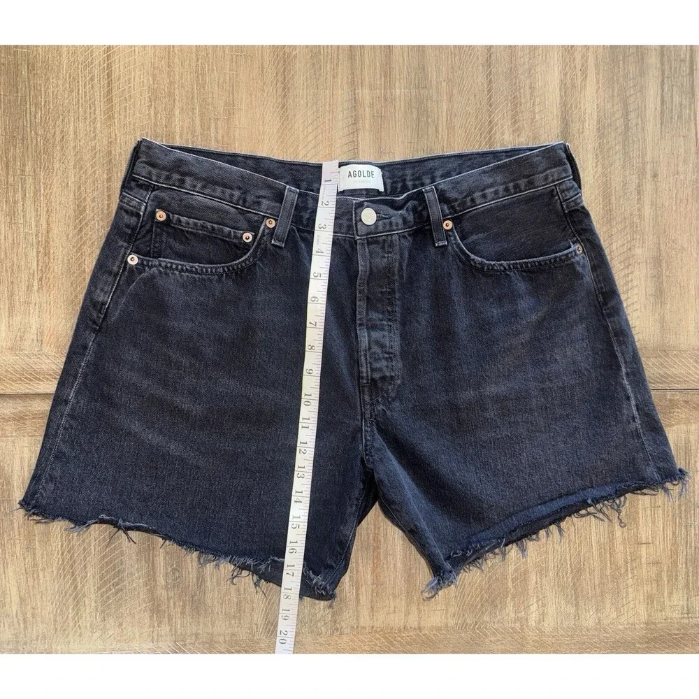 AGOLDE Parker Long Black Denim High Rise Fray Hem Jean Shorts Women’s Size 33