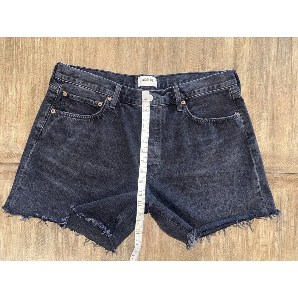 AGOLDE Parker Long Black Denim High Rise Fray Hem Jean Shorts Women’s Size 33