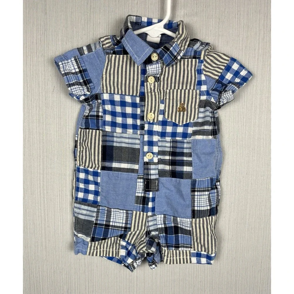 babyGap Romper 3-6M Blue‎ Patchwork Plaid Collar Romper One Piece Preppy Classic