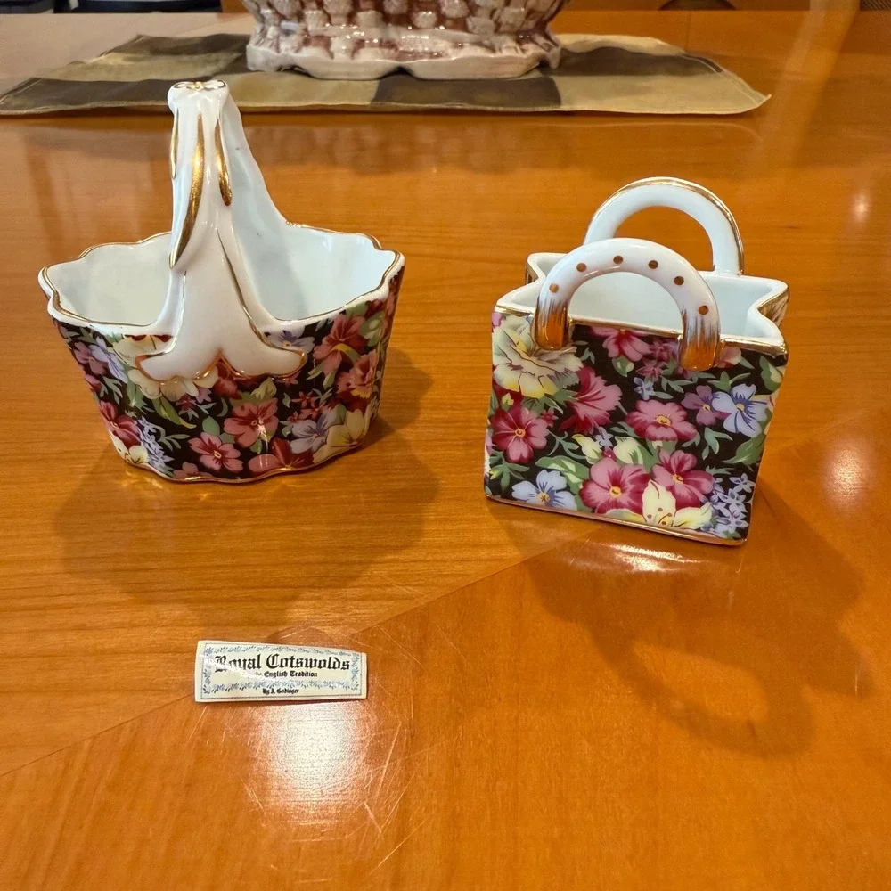 Royal Cotswolds Floral‎ Basket & Handbag Vase Set Gold Trim Decorative