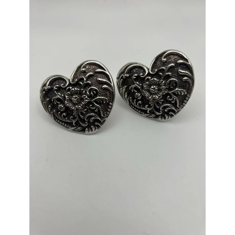 Western Heart Concho Drawer Pulls Set of 2 Floral‎ Embossed Silver Tone Hardware