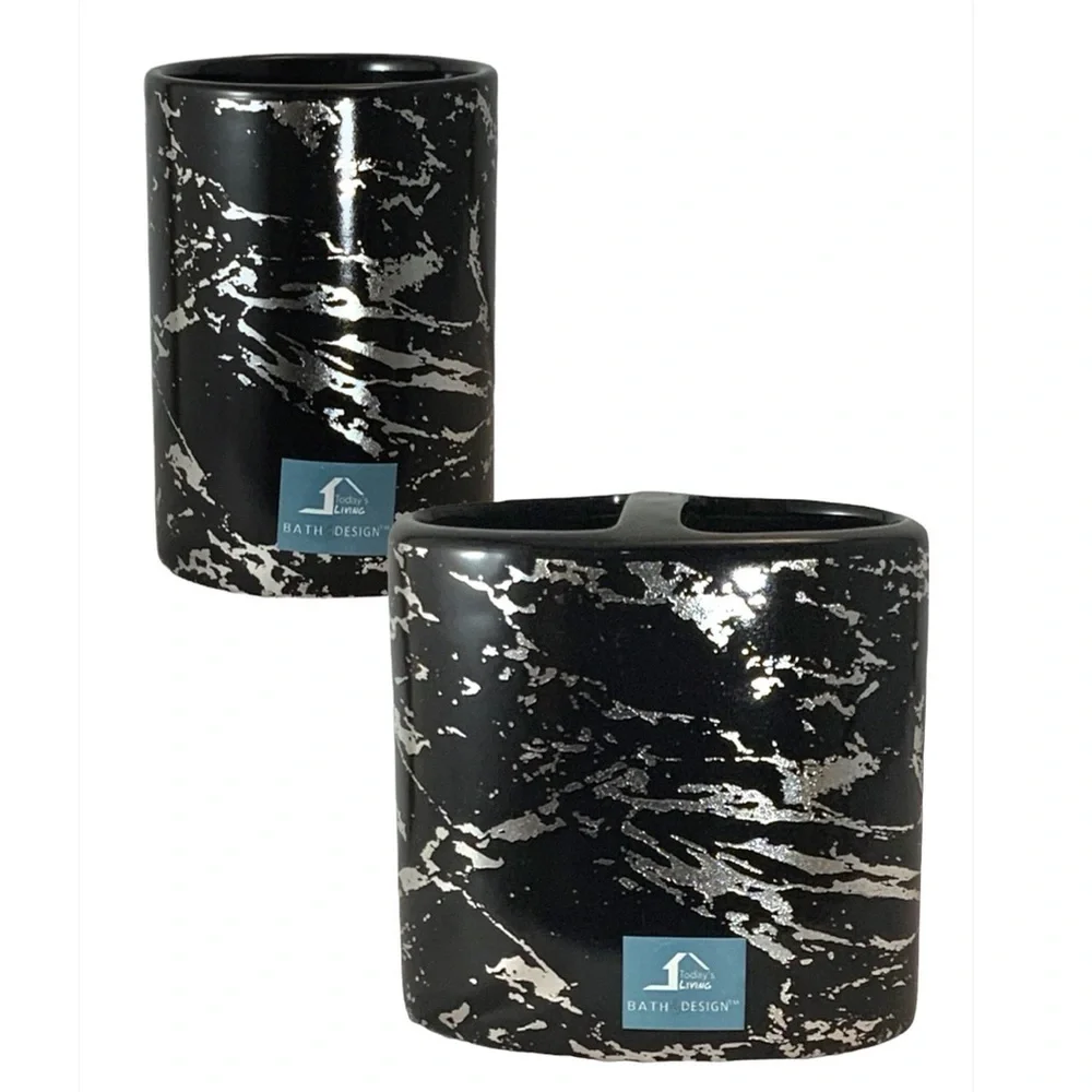 Today’s Living Black Metallic Marble  Bathroom Accessories Ceramic Black Silver