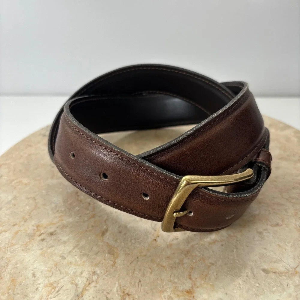 LL BEAN Mens Genuine Leather Belt Dark Brown Brass Buckle Made in Turkey Casual