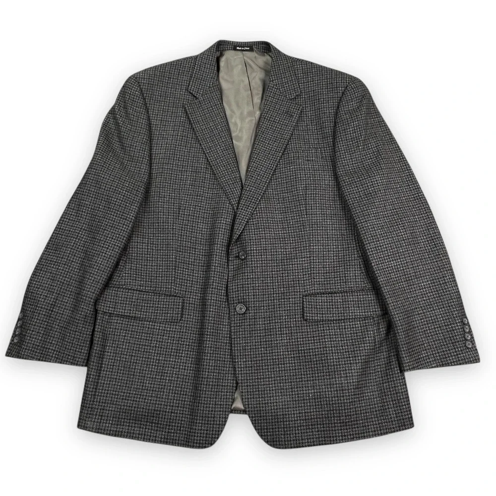 Chaps Brown Houndstooth Blazer 46R Gray Wool Tweed 2‎ Button Preppy Grandad