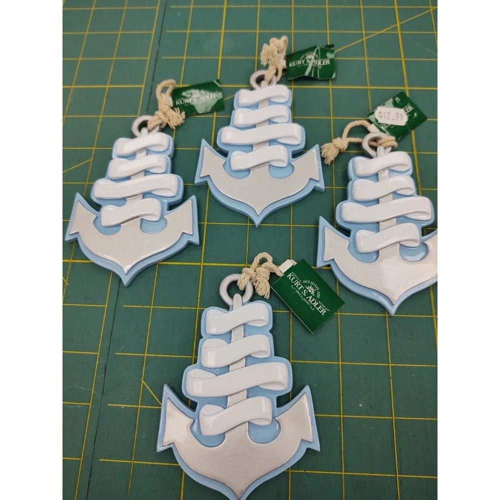 NEW Kurt S. Adler Resin Blue Anchor Christmas Ornaments Coastal‎ Beach Set of 4