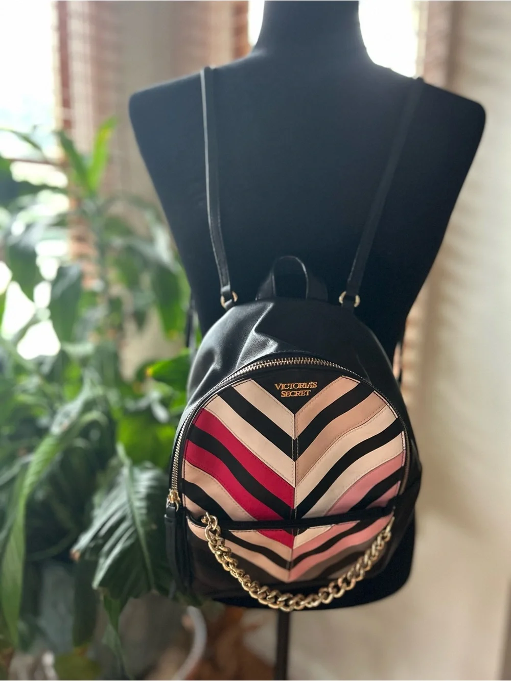 Victoria's Secret Black Mini Backpack with Pink and Cream Chevron Stripes
