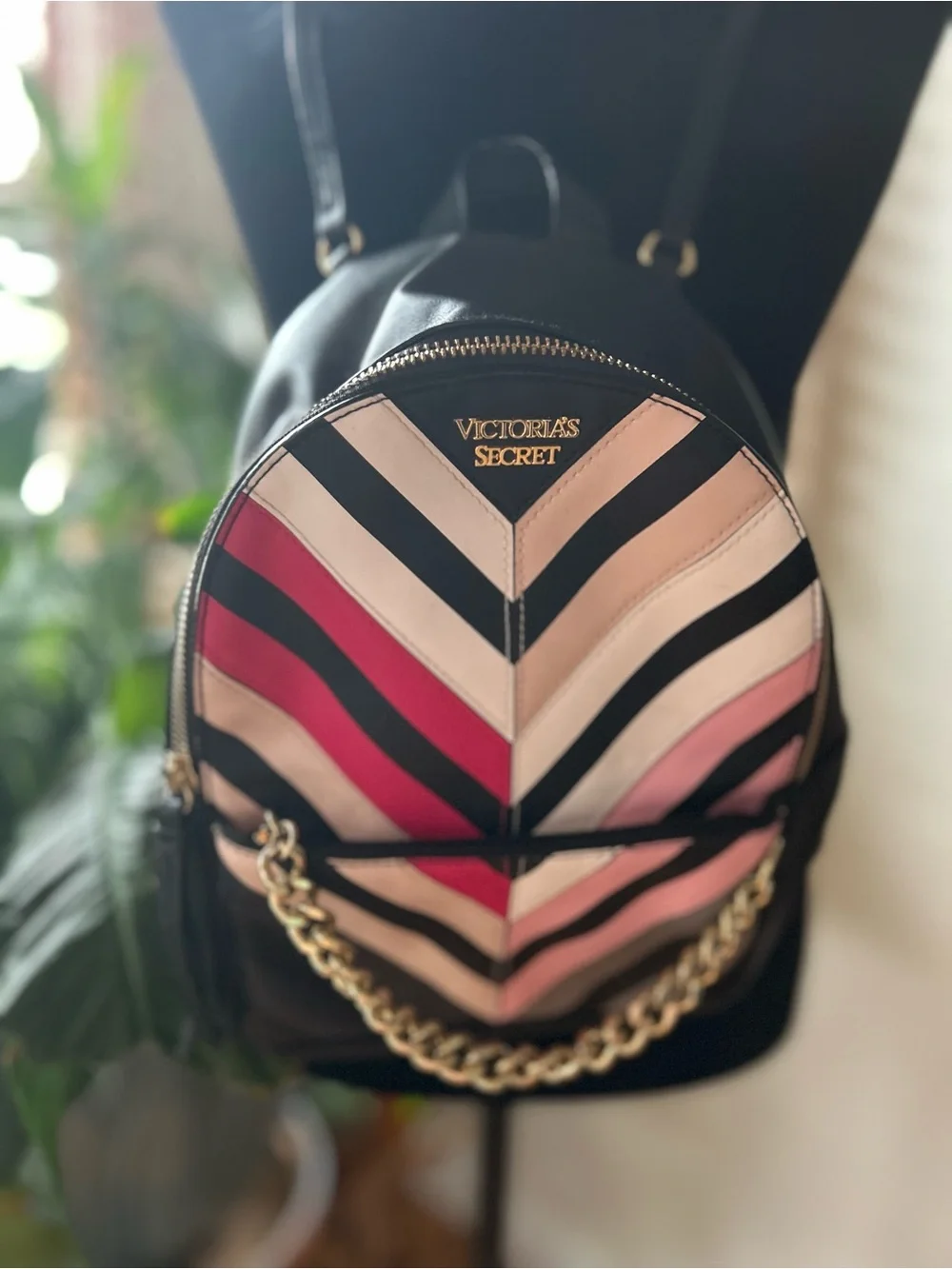 Victoria's Secret Black Mini Backpack with Pink and Cream Chevron Stripes