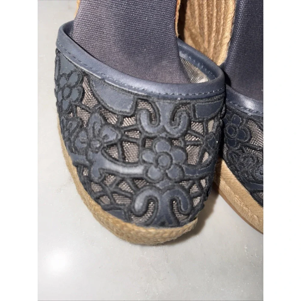 Tory Burch Lucia Espadrilles Sandals Platform Navy floral lace Jute Leather 6.5