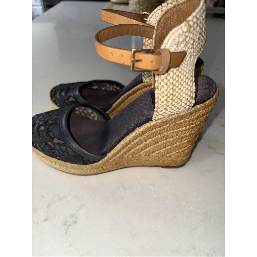 Tory Burch Lucia Espadrilles Sandals Platform Navy floral lace Jute Leather 6.5