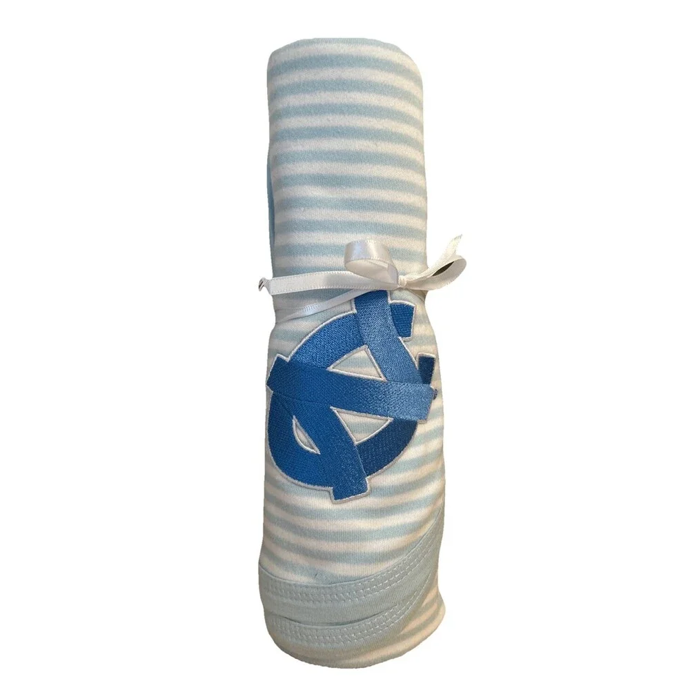 New UNC Tar Heels Nursery Crib Blanket with Logo Blue White Stripe Baby Boy