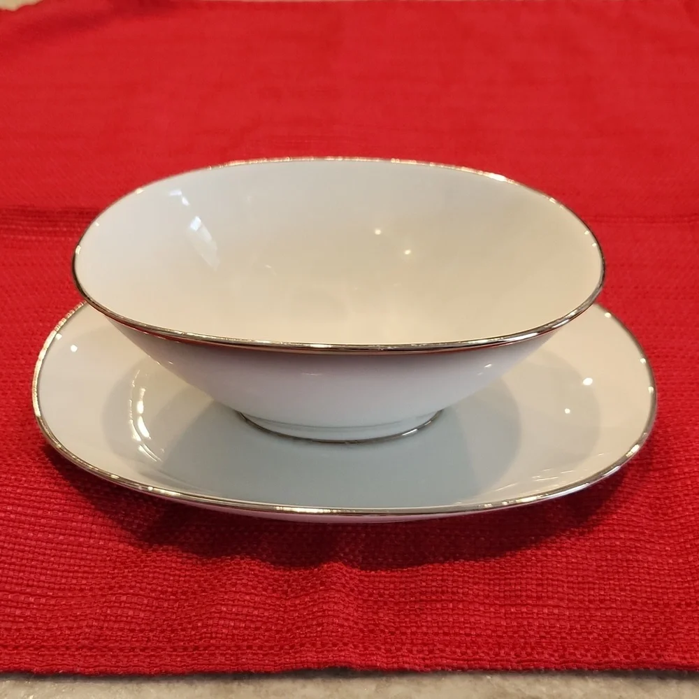 Vintage MCM ROSENTHAL Bettina Smoke Sauce Bowl with Attached Plate Silver Rim