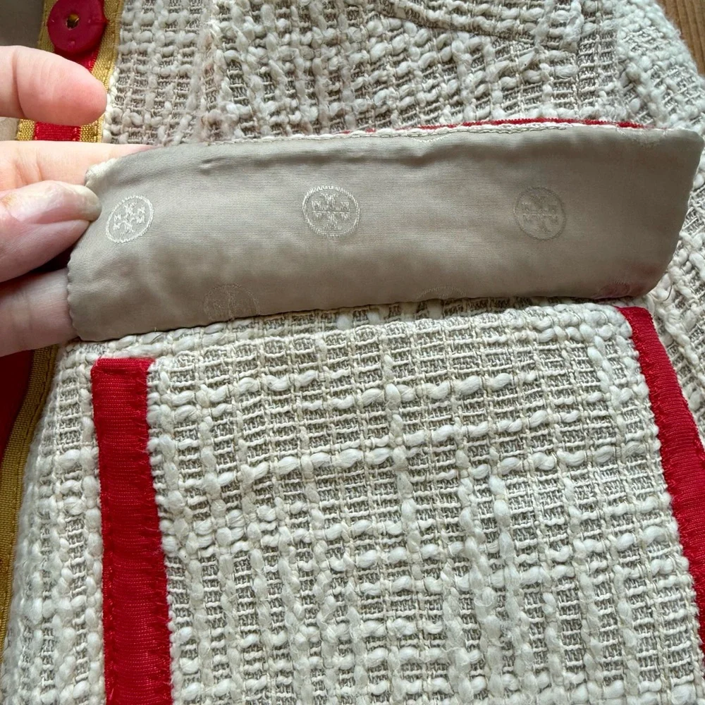 Tory Burch Cream Tweed Jacket with Red, Orange & Purple Trim