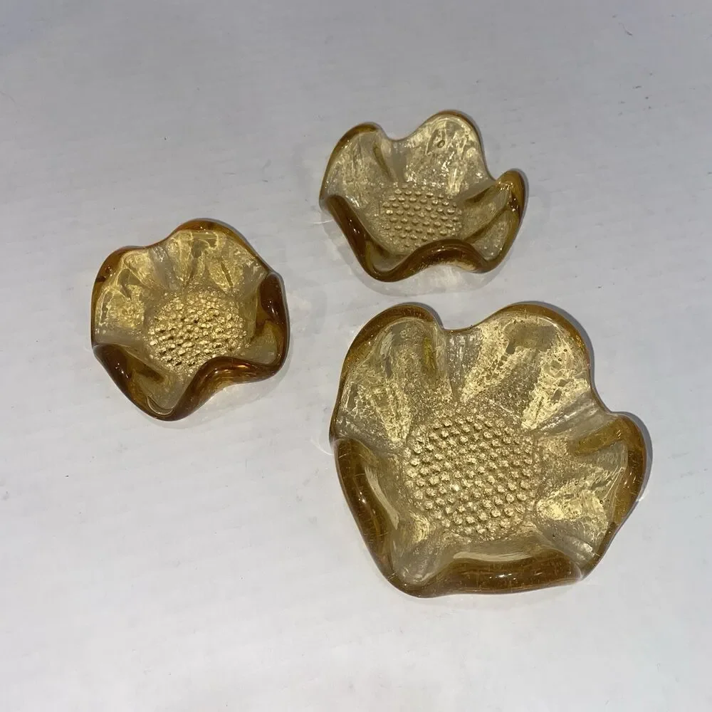 Set 3 Vtg Mid Century Golden Amber 5 Petal Lotus Bowls Nesting Textured MCM