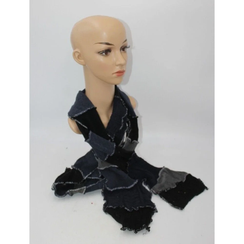 Scarf Upcycled Black Blue Gray Sweaters Winter Scarf Soft Warm 8' Long Handmade